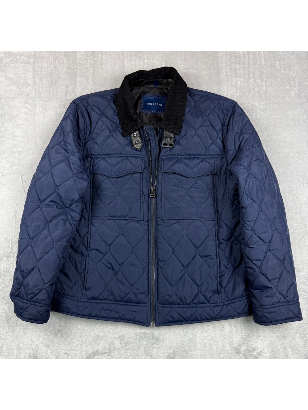 Cole Haan Men’s XL Navy Quilted Jacket Corduroy Collar Field Coat Diamond Stitch